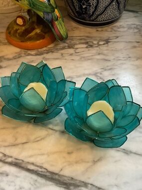 Beautiful pair of Lotus flower light teal blue votive candle holders
